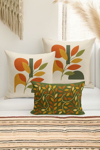 Bertille Home Set de 3 huse de pernă cu imprimare digitală pe două părți (aspect de broderie cu model de puncție)