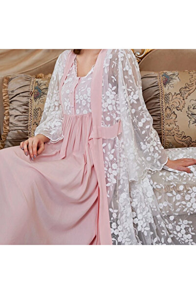 Caprisious Elegant Women’s Nightgown with Floral Lace Robe – Two-Piece Lounge & Sleepwear Set