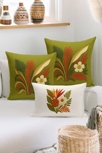 Bertille Home Set de 3 huse de pernă cu imprimare digitală pe două părți (aspect de broderie cu model de puncție)