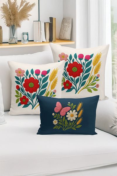 Bertille Home Set de 3 huse de pernă cu imprimare digitală pe două părți (aspect de broderie cu model de puncție)