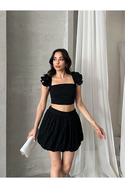 ZTO Women's Short Brode Fabric Balloon Skirt with Elastic Waist Crop Set