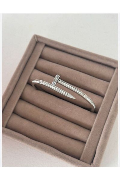 demirosa Women's Steel Silver Color Patterned Zircon Stone Design Handcuff Bracelet