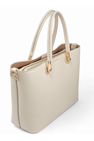 Evident Classic Women's Hand and Long Strap Shoulder Bag with Cream Color Soft Textured Charm