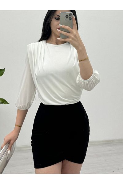 KAZAK Sendy blouse with overalls inside, shoulder drawstring v Shoulder Pad - white