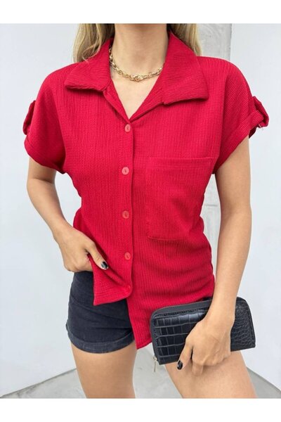 COjans قميص ملفوف بأكمام مزدوجة وجيب واحد - أحمر كلاريت