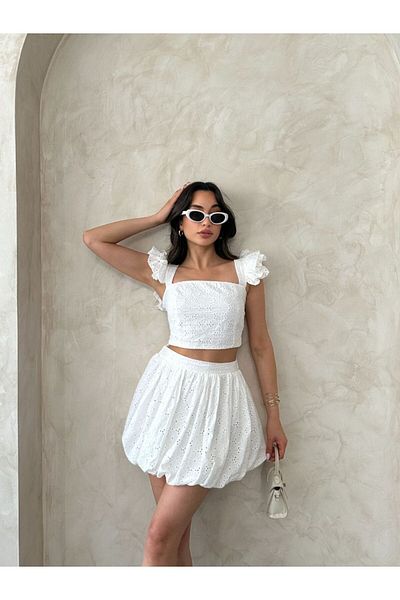 ZTO Women's Short Brode Fabric Balloon Skirt with Elastic Waist Crop Set