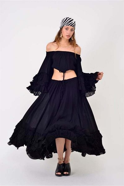 EREN STYLE Ruffled Spanish Sleeve Raw Strapless Blouse- Skirt Set