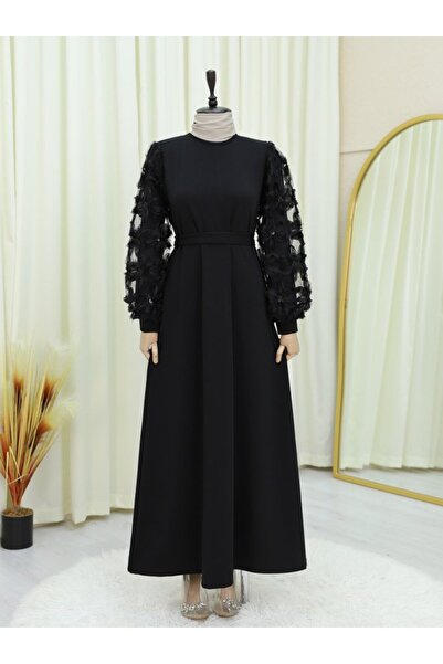 COjans Kabartma Çiçekli Tül Kollu Kemerli Elbise -Siyah