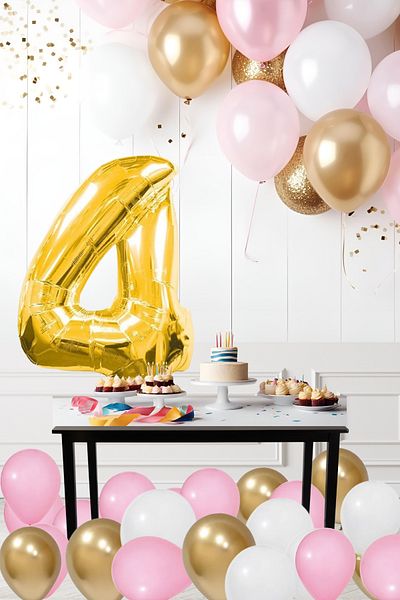 tedaks 4 Years Old Retro Chrome Gold Pink White Balloon Set Birthday Balloon with Gold Numbers Stylish Party Ornament