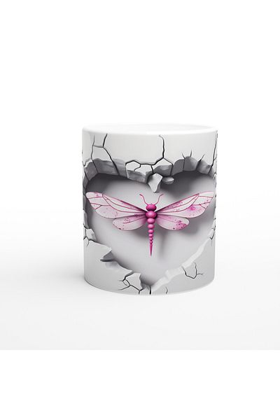 Luluyen Pink Dragonfly Themed Printed Mug with Heart and Cracked Wall Effect