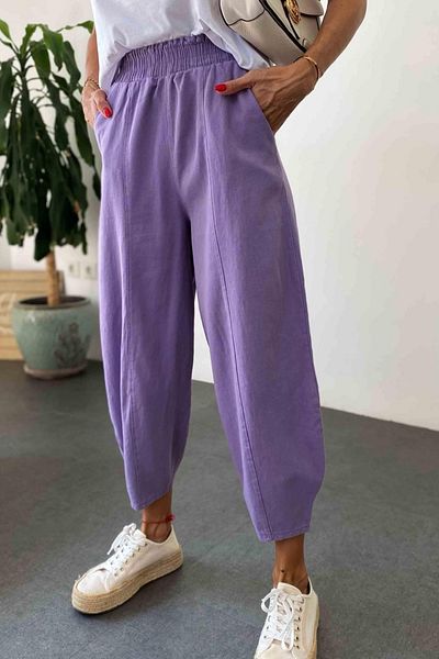 Nana & Mayka Moda Lilac Women's Baggy Trousers Loose Summer Comfortable Cotton Elastic Waist Daily Model Gabardine 4003