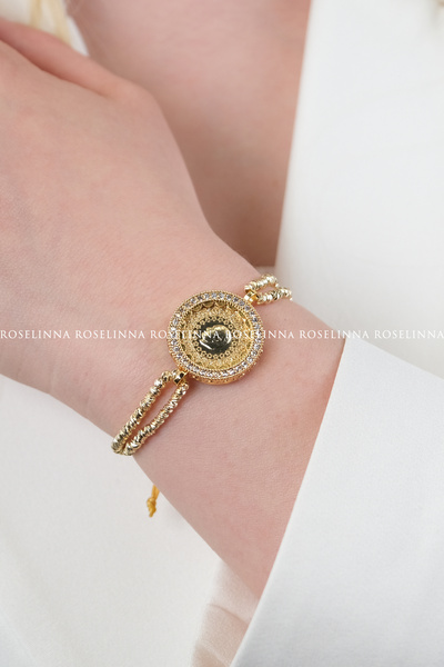 ROSELİNNA Gold Color Drawstring Adjustable Quarter Bracelet Model, Dorika Beaded Quarter Frame Bracelet