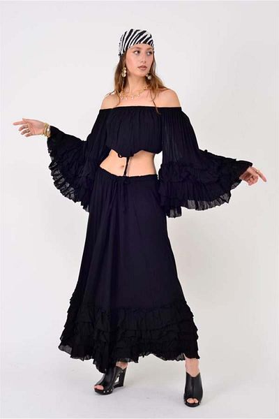EREN STYLE Ruffled Spanish Sleeve Raw Strapless Blouse- Skirt Set