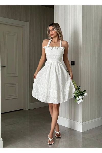 ZTO Women's Back Lace Detail Embroidered Fabric Lined Short Dress