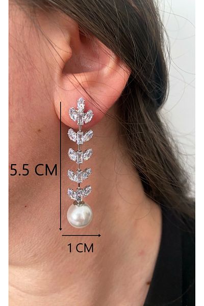 ER TAKI Stoned Silver Color Long Pearl Dangle Stylish Party Engagement Henna Wedding Wedding Evening Dress Earrings