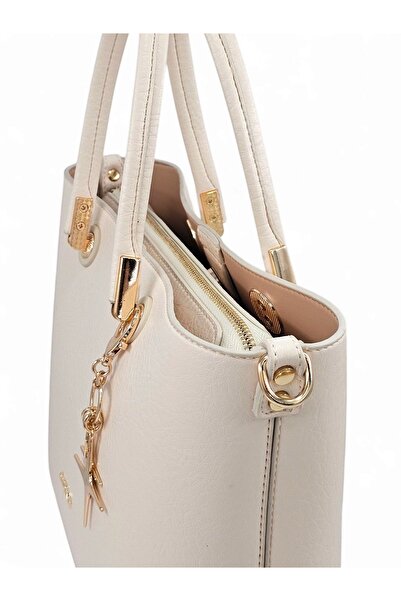 Evident Classic Women's Hand and Long Strap Shoulder Bag with Cream Color Soft Textured Charm