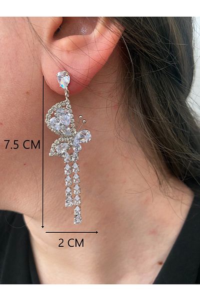 ER TAKI Stoned Silver Color Long Dangle Stylish Butterfly Model Party Engagement Henna Wedding Wedding Evening Dress Earrings