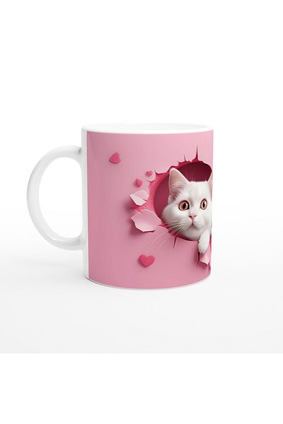 Luluyen Heart Shaped Two White Cats Looking through Cracked Wall Themed Printed Mug