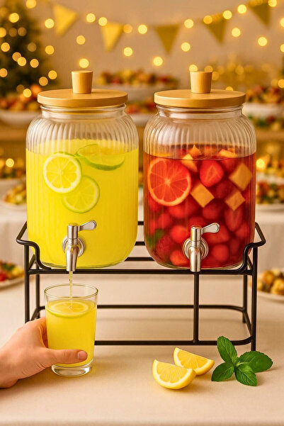 Woodcept. 2'li Metal Stantlı Bambu Kapaklı Musluklu Cam Şerbetlik Sebili 7,5 L, Limonata Meşrubat Cam Sebili