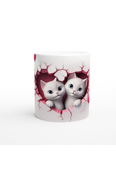 Luluyen Heart Shaped Twin Cats Looking through the Crack Themed Printed Mug