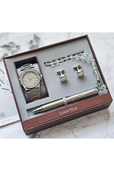 Louis Nice Men's Stainless Steel Watch Set, 4 Pieces, Gift