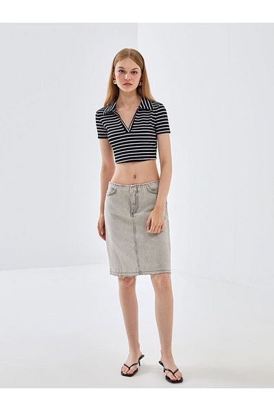 LC Waikiki Blais Polo Neck Striped Short Sleeve Women's Crop
