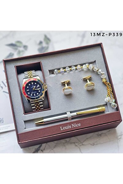 Louis Nice طقم ساعة رجالي استانلس ستيل على شكل بيبسي من اربع قطع هدية