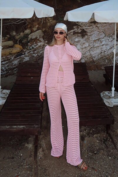 Swist Pembe Ajurlu Hırka-Pantolon Kadın Triko Alt Üst Plaj Takım