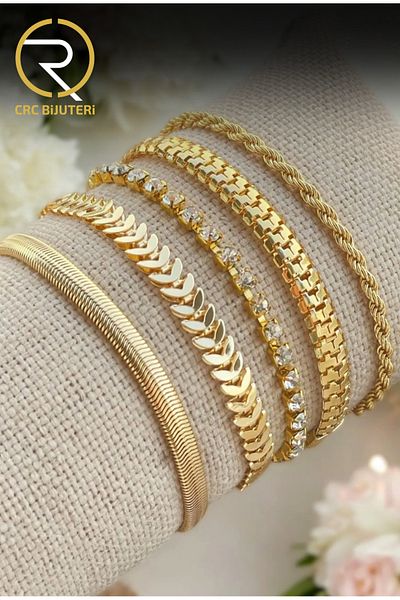 Crc Bijuteri Gold 5-Piece Zircon Stone Color-Resistant Women's Bracelet Combination