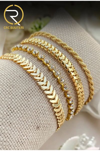 Crc Bijuteri Gold Color 4-Piece Adjustable Special Design Waterway Detail Women's Bracelet