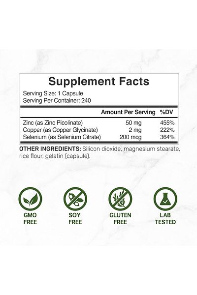 DEAL SUPPLEMENT Zinc Picolinate (Zinc) 50Mg with Selenium + Copper (Copper) 240 Caps Supports Healthy