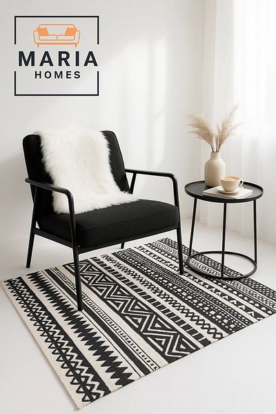 MARIA HOMES Black and Cream Tribal Pattern Cotton Runner Rug with Fringe –size 90*150 cm