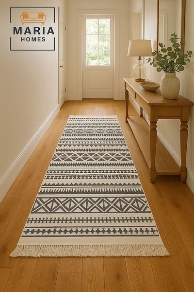 MARIA HOMES Boho Tribal Cotton Runner Rug with Fringes – Black & Cream, size 90*200 cm