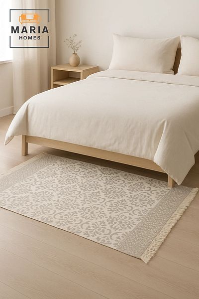 MARIA HOMES Beige Cotton Runner Rug with Floral Medallion Pattern and Fringe –size 90*150 cm