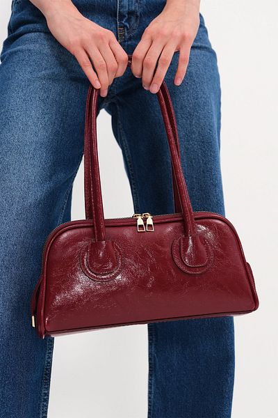 torime Retro Style Burgundy Soft Shiny Patent Leather Long Handle Shoulder, Arm and Hand Bag
