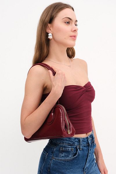 torime Retro Style Burgundy Soft Shiny Patent Leather Long Handle Shoulder, Arm and Hand Bag