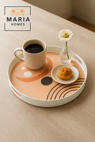 MARIA HOMES Round Serving Tray with Abstract Peach-Tone Design and Cutout Handles