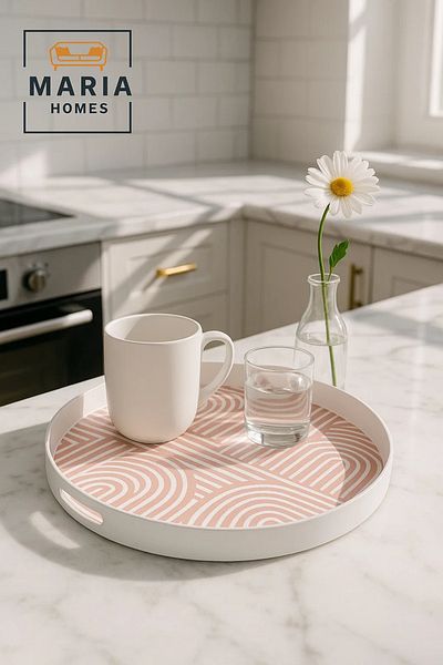 MARIA HOMES Round Plastic Serving Tray with Pink Abstract Line Pattern and Cutout Handles