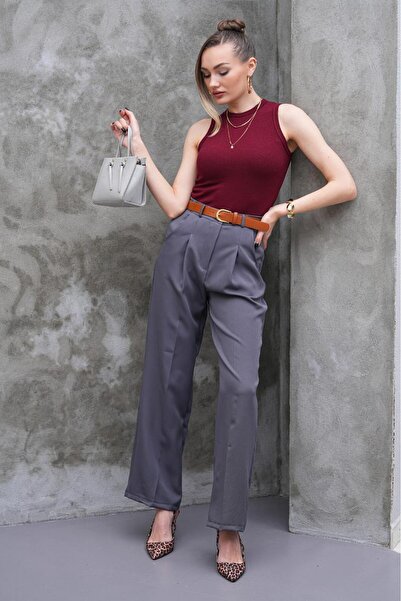 LAVA FASHION Women's High Waist Loose Wide Leg Belt Pleated Woven Fabric Palazzo Pants