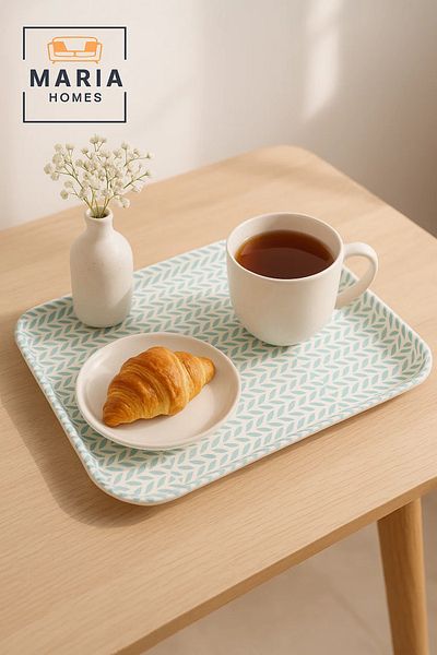 MARIA HOMES Rectangular Plastic Serving Tray with Aqua Blue Leaf Pattern
