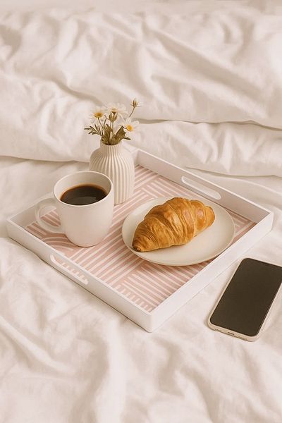 MARIA HOMES Square Serving Tray with Pink Geometric Print –size 35*35cm White Frame and Cutout Handles