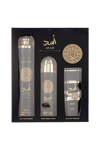 lattafa Asad Gift Set Eau de Parfum 100ml + Deo Spray 200ml + Room Air Freshener 300ml,