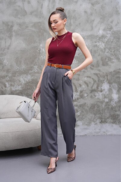 LAVA FASHION Women's High Waist Loose Wide Leg Belt Pleated Woven Fabric Palazzo Pants