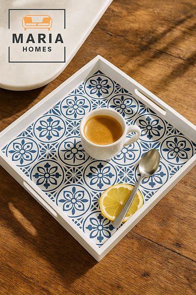 MARIA HOMES Square Plastic Serving Tray with Modern Geometric Print – White Frame, size 35*35 cm