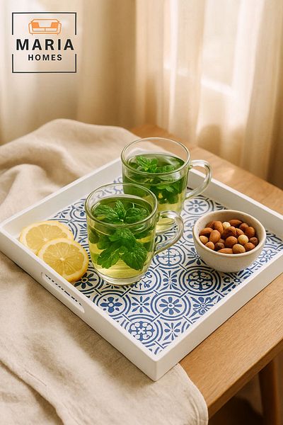 MARIA HOMES Square Plastic Serving Tray with Modern Geometric Print – White Frame, size 35*35 cm