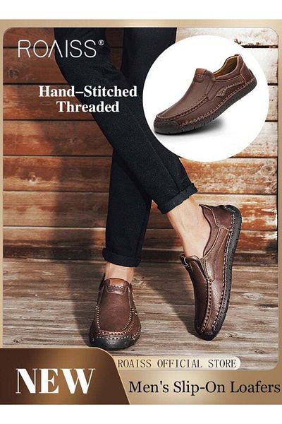ROAISS Hand Stitched Threaded Slip-On Loafers for Men Casual Driving Shoes with Soft Anti Slip Bottom Mens