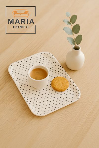 MARIA HOMES Rectangular Plastic Serving Tray with Mini Black Triangle Pattern – Cream Base