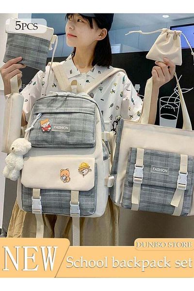 fun zone 5PCS Kids School Backpack Set Canvas Laptop School Bag Sets for Kids with Tote Bag, Shoulder Bag, Pe