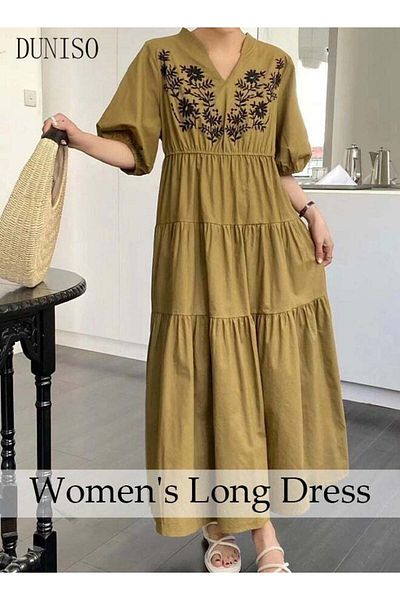 fun zone DUNISO Retro Elegant Dress for Women Puff Sleeve Floral Embroidered Maxi Dress Boho Casual V Neck Lo