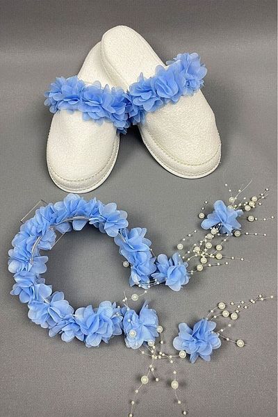 Fiyonks Atölye Baby Blue Laser Floral Pearl Crown and Maternity Slippers Set, Women's Maternity Set